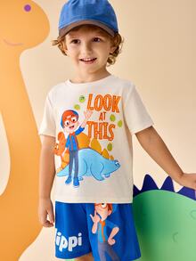Blippi X SHEIN 小男孩卡通字母印花短袖圓領上衣與短褲套裝 - 彩色 - 查看 1