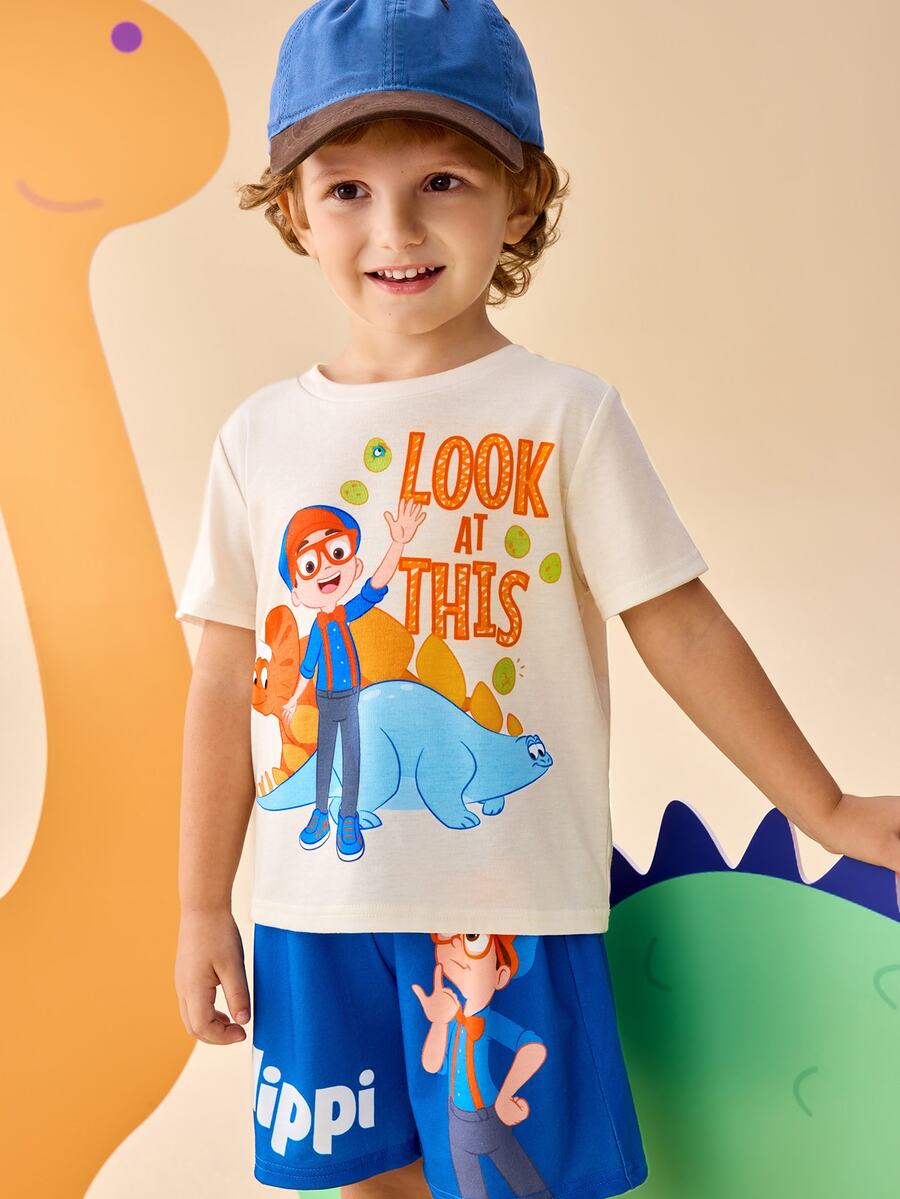 Blippi X SHEIN 小男孩卡通字母印花短袖圓領上衣與短褲套裝 - 彩色 - 查看 1
