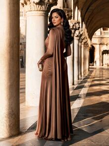 SHEIN Lady Plus Size Women Solid Color Pleated Ribbon Design Elegant Dress - Coffee Brown - View 9