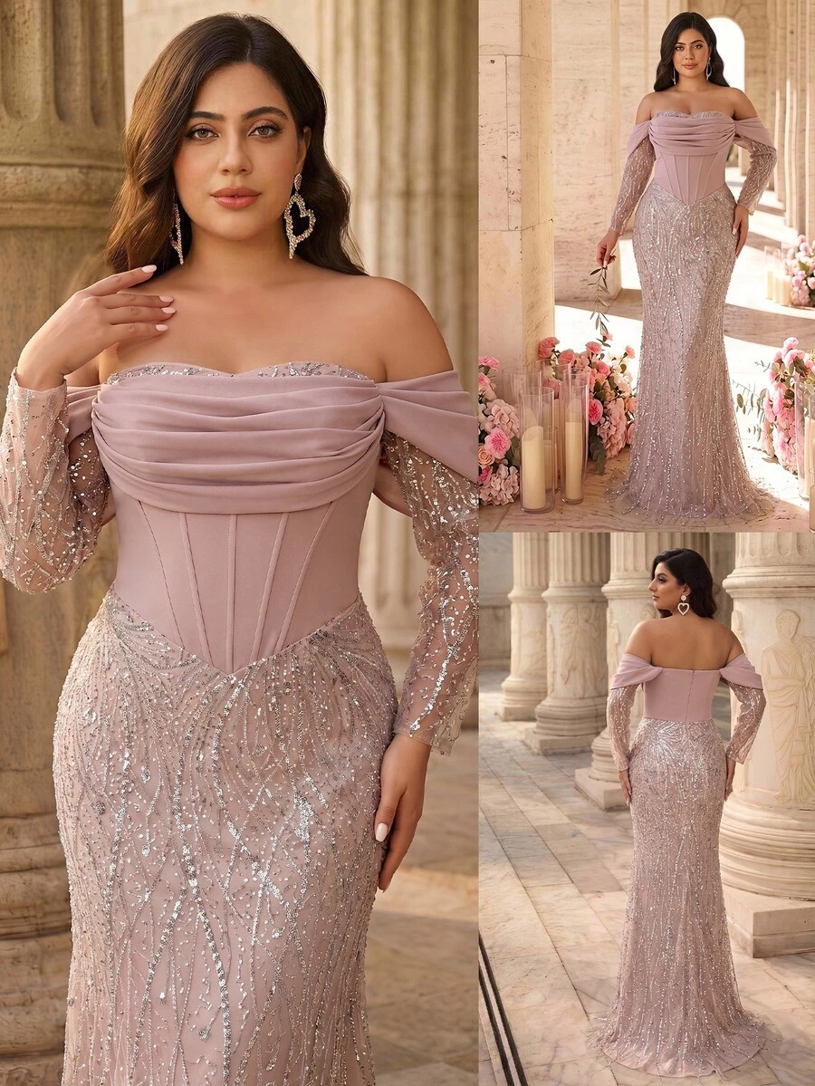 Glamrae Plus Size Elegant Luxurious Beaded Sequin Embroidered Lace Bubble Patchwork Elastic Knit Ruched Mermaid Skirt With Puff Sleeves, Suitable For Wedding Events, Bachelorette Party, Vacation, Ball, Evening Gown (Heavy Workmanship Style) - Dusty Pink - View 1