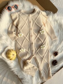SHEIN 1pc Toddler Baby Girl Infant Chic Cable Knit Floral Ruffle Long Sleeve Jumpsuit Soft Thick Sweaters Jumpers Pull Fall Clothes Christmas Holiday Winter - Dusty Pink - View 6
