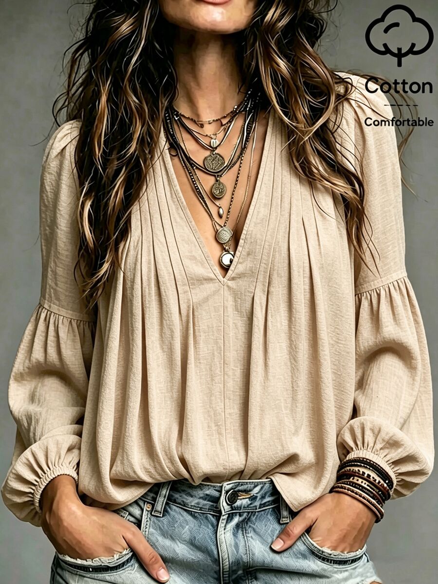 SHEIN Cream White Washed Textured Fabric Deep V-Neck Double-Sided Multi-Pleated Shoulder Micro-Petal Sleeve Patchwork Ruched Loose Lantern Mid-Sleeve A-Line Flared Blouse - Khaki - View 1