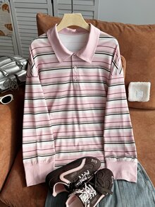 Comfortcana Plus Size Digital Print Striped Polo Collar Long Sleeve T-Shirt - Pink - View 4