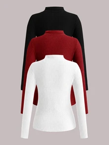 SHEIN LUNE 3件組女款素色休閒長袖T恤 - 紅色 - 查看 2