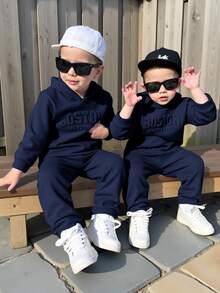 Bubblio Kids Young Boy Casual Style Loose Fit Letter Pattern Hooded Sweatshirt,Elastic Waist Long Autumn Pants Set,Back-To-School,School,Summer,Outdoor ,Party - Navy Blue - View 7