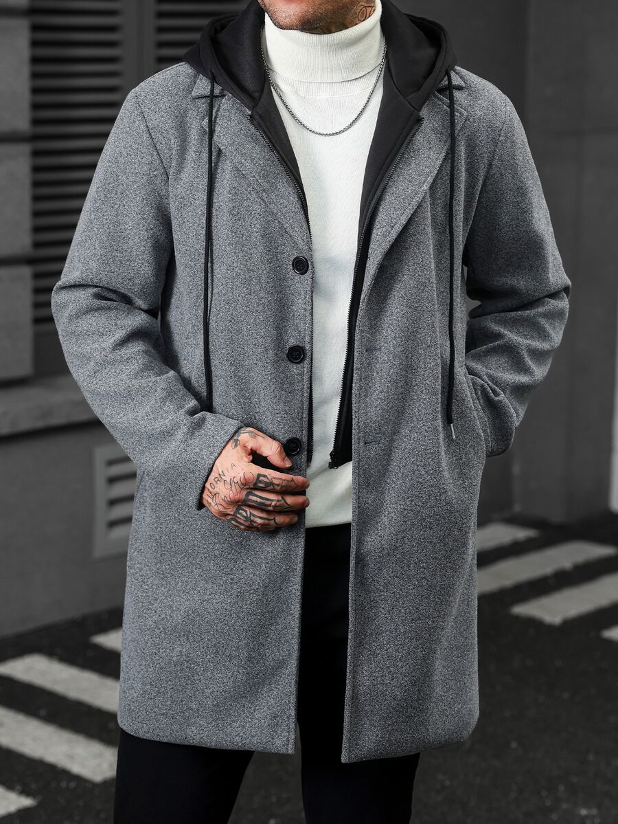 Manfinity CasualCool Men's Long Mature Business Classic Versatile 2 In 1 Colorblock Wool Coat, Open Front Hooded Style With Large Pockets, Autumn/Winter - Dark Grey - View 1