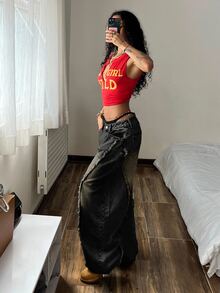 SHEIN CURVE+ بنطلون جينز واسع الساق مقاس كبير بأسلوب ستريت وير ريترو متدرج اللون أسود مغسول مع حافة غير متماثلة خام وتصميم مفكك مرقع فضفاض منسدل بطول الأرض - الأسود - مشاهدة 5