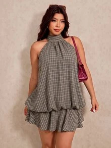 Elaquor Plus Size Women's Plaid Fashion Halter Neck Dress With Ruffle Hem - Black - View 5