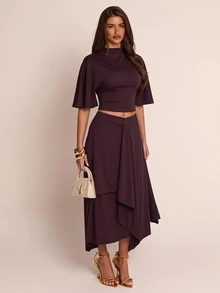 SHEIN BAE Fall Winter Deep Purple High Neck Loose Crop Top Layered Asymmetric Midi Skirt Two Piece Set Elegant Outfit - Brown - View 7