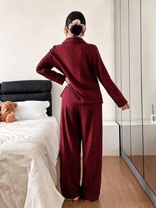 Dream Adore Plaid Print Bear Head Embroidered Patch Pocket Front Button Long Sleeve Long Pants Women's Pajama Set - Red - View 3