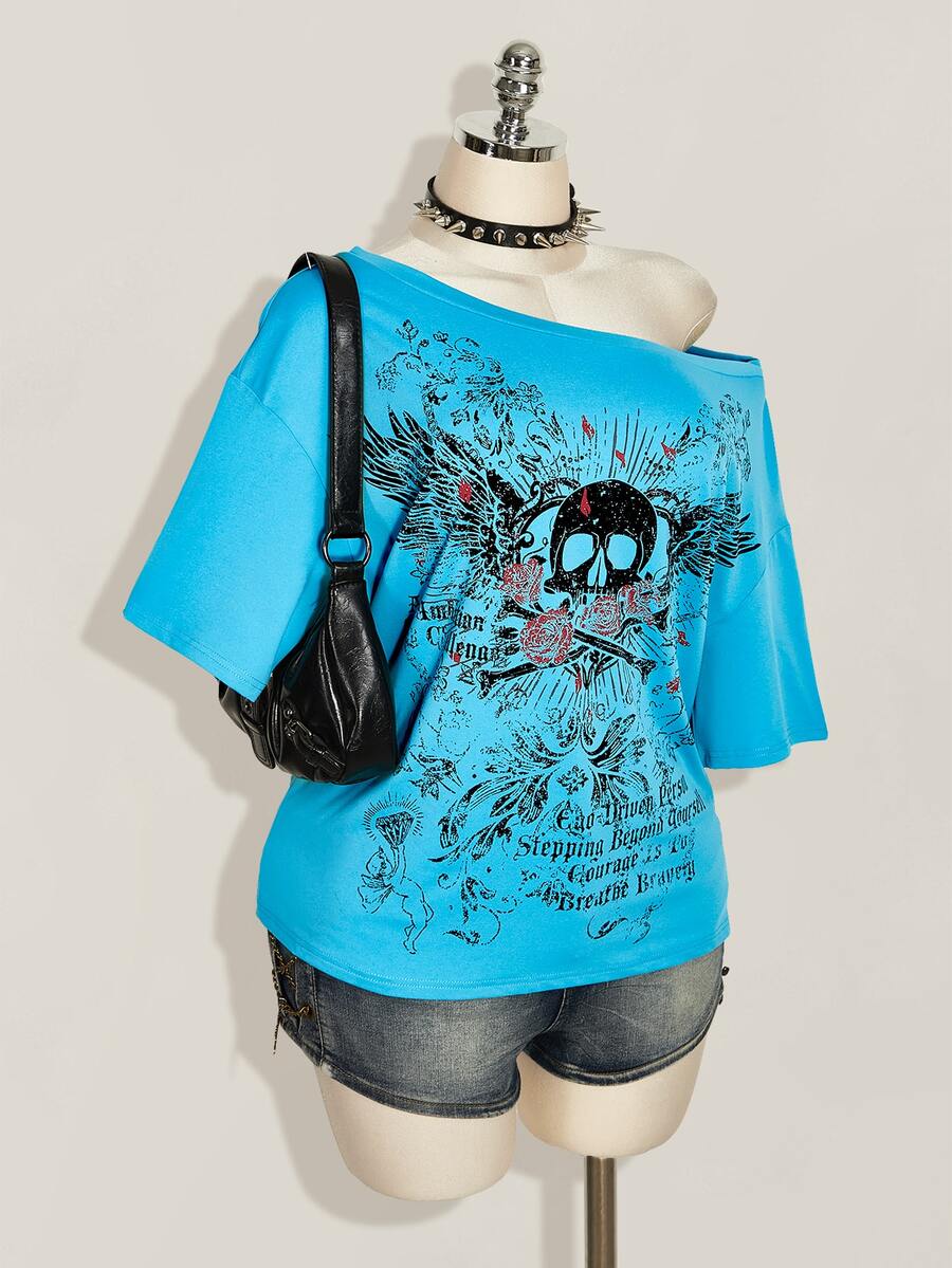 SHEIN ICON تي شيرت حجم كبير - الأزرق - مشاهدة 1