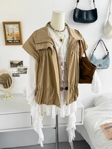 Soleia Autumn/Winter Zipper Pleated Vest Sleeveless Jacket - Beige - View 4