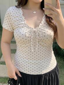 Dazy Plus 夏季波點滿版印花抓皺無袖V領套頭休閒修身大尺碼女款背心 - 白色 - 查看 4