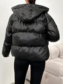 SHEIN Solid Color Zip Up Padded PU Coat - Black - View 2