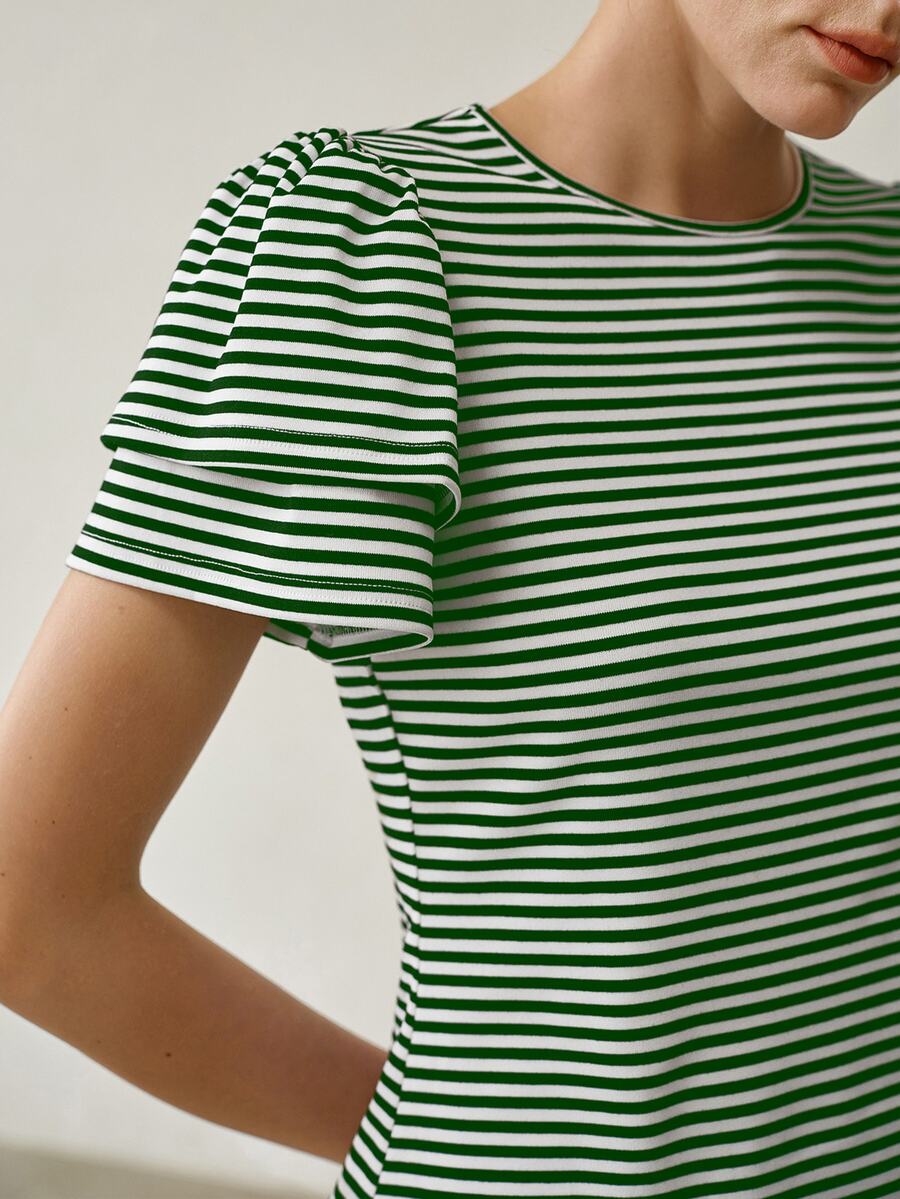 MOTF PREMIUM WOMEN'S CASUAL DOUBLE LAYER RUFFLE SLEEVE ROUND NECK STRIPED T-SHIRT - Green - View 2