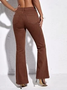 SHEIN PETITE Zipper Button Pocket Solid Color Flare Jeans - Brown - View 2