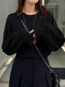 FRIFUL 女款純色休閒百搭日常長袖T恤 - 黑色 - 查看 5