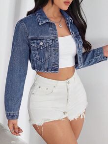 Rivivi Women's Cropped Button Long Sleeve Pocket Denim Jacket - Light Wash - View 6