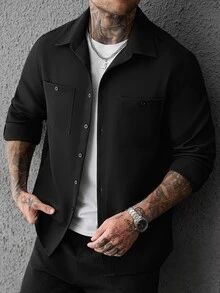 SLATEMANN Men's Single-Breasted Long Sleeve Pocket Shirt Casual Everyday Wear - Black - View 5