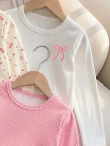 3pcs Girls Floral Cherry Bow Print Long Sleeve Crew Neck Tops, Casual Style For Autumn/Winter Wear - Multicolor - View 3