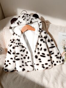SHEIN Elladie kids 女童秋冬休閒西式卡其豹紋毛絨夾克，前拉鍊設計，提花可愛耳朵連帽開襟毛絨加厚外套 - 卡其色 - 查看 6