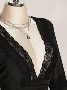 SHEIN ICON Women Plus Size Deep V Neck Lace Patchwork Casual Daily Wear Blouse Fall - Black - View 7