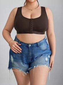 SHEIN CURVE+ 大尺碼簡約純色前扣式內衣背心，Curve Plus，Hoho Vacation - 棕色 - 查看 5