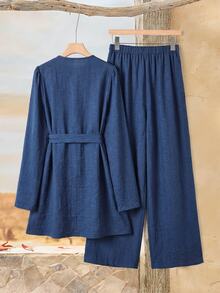 Rusticease Women's 2pcs Set Single-Breasted Belt Long Sleeve Top & Solid Color Pants - Navy Blue - View 2
