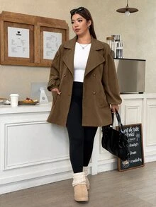 Muchica Mantel Trench Kerah Lapel Warna Khaki Ukuran Besar Wanita - Khaki - View 7
