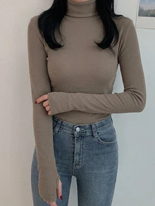 DAZY 女款純色高領長袖修身內搭T恤 - 灰色 - 查看 6