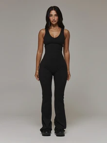 Musera Sport V Neck Sleeveless Fitted Dipped Logo Print Back Fitted Flare Soft Touch Active Jumpsuit Sport Essentials Basics Autumn Fall Winter - Black - View 2