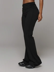 Musera Sport Fold Over Ruched Waist Logo Back Fitted Flare Wide Leg Yoga Style Leggings Sport Essentials Gym Workout Basics Autumn Fall Winter - Black - View 3