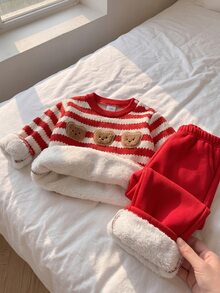 SHEIN Playful Pals 2件組新生兒男嬰女嬰衛衣＋長褲套裝，可愛紅白條紋熊貼布，長袖圓領加厚款，聖誕冬季節日，羅紋袖口 - 紅色 - 查看 5