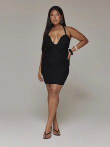 MUSERA Gaun Mini Bodycon Halterneck Hitam Kasual Keren Dasar Musim Gugur Musim Dingin - Hitam - View 3