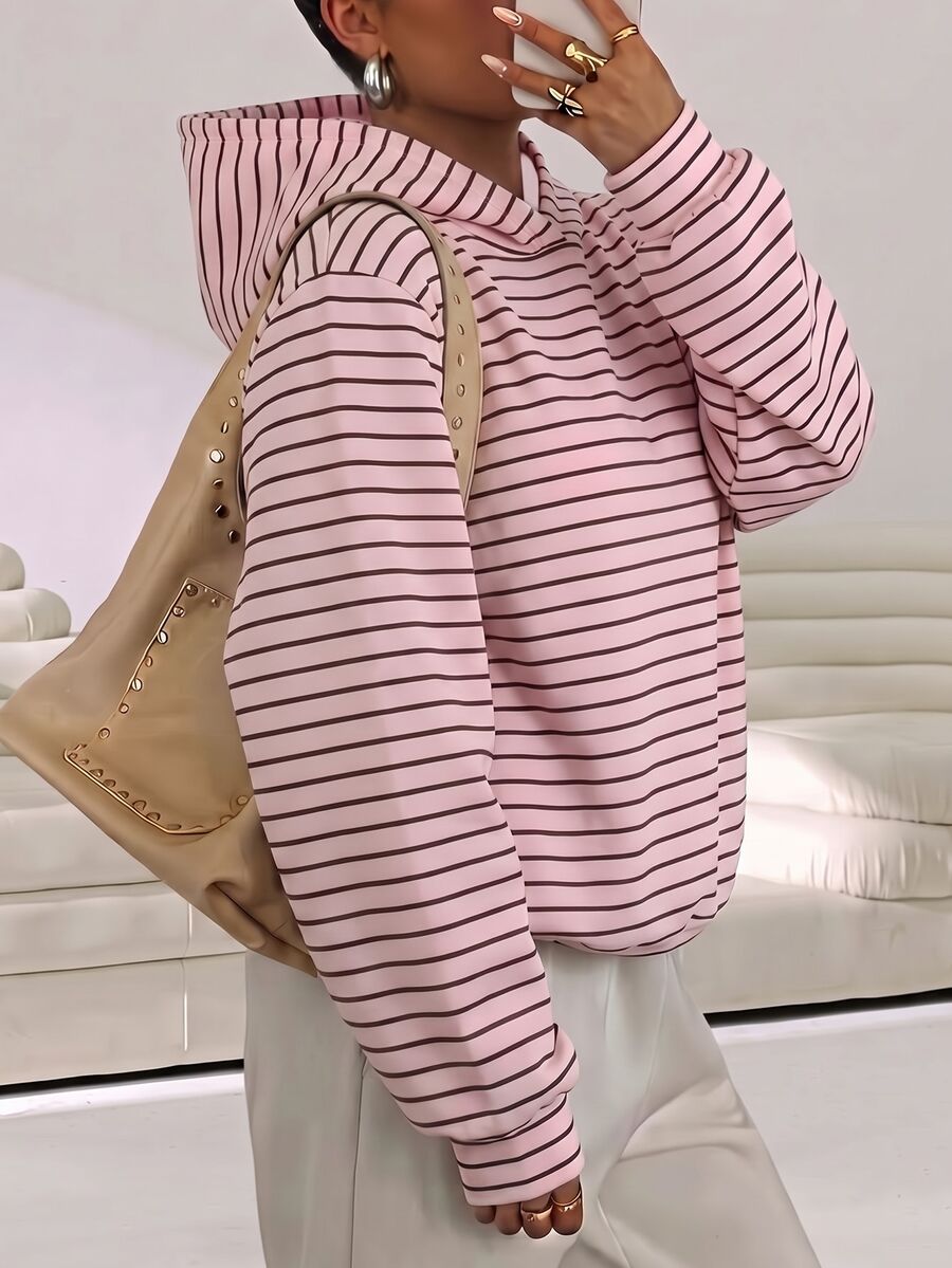 Solflare Plus Size Women's Striped Casual Daily Wear Hooded Sweatshirt - Multicolor - View 1