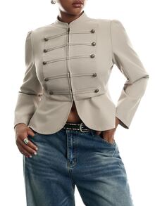 LYSMO Plus Size Fashion Vacation Double-Breasted Long Sleeve Jacket - Apricot - View 3