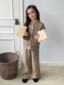 DAZY Tween Girls Stand Collar Casual Long Sleeve Autumn/Winter Sweater Top + Straight Leg Knitted Pants 2 Pieces Sweater Set - Apricot - View 5
