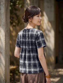 Yumoku 女款休閒夏季格紋短袖襯衫 - 藏蓝色 - 查看 2
