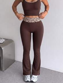 SHEIN Sovereign Charm Seamless Yoga Leggings / Leopard Print Waistband Contrast / Fashionable & Sexy / Comfortable & Versatile - Coffee Brown - View 3