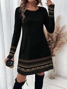 SHEIN LUNE فستان قصير نسائي مطبوع بأكمام طويلة مع حافة أساور وحاشية مزخرفة للخريف - متعدد الألوان - مشاهدة 3