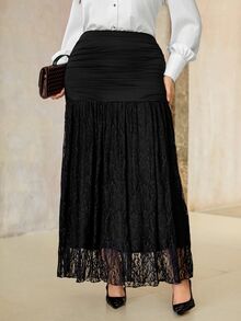Roveilla Plus Size Knit Black Ruched Lace Skirt - Black - View 6