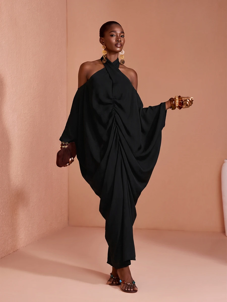 JIAN LASALA Black Chiffon Bat Sleeve Off Shoulder Halter Neck Long Dress - Black - View 1