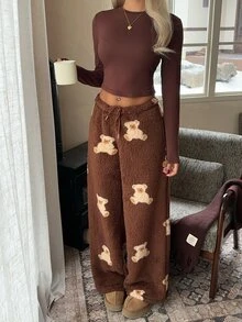 CovetEZ Women's Solid Color Cropped Long Sleeve Top & Drawstring Waist Fleece Pants Two Pieces Set - Brown - View 4