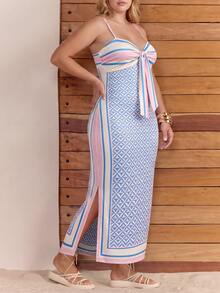 CAJUNI Plus Size Women All-Over Print Casual Daily Summer Spaghetti Strap Dress - Multicolor - View 4