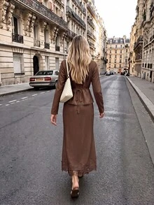 Cévolie French Romantic Lace Square Neck Pearl Button Cinched Waist Ruffle Blouse & Long Skirt 2 Pieces Set, Gentle Cream Vintage Outfit - Brown - View 2