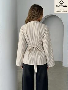 Siren Gaze Women's Casual Button Waist Cinched Striped Blazer Jacket - Multicolor - View 2