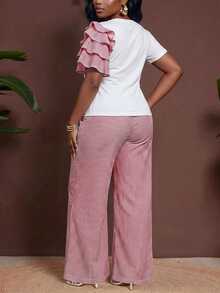 Veslaya Plus Size Women's 3D Floral Decor Top And Striped Wide Leg Pants Casual 2 Pieces Set - Red - View 2