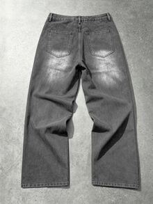 Manfinity Denimwave 男士街頭風哥德式十字印花黑白對比牛仔喇叭褲 - 淺灰色 - 查看 4