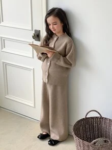 DAZY Tween Girls Stand Collar Casual Long Sleeve Autumn/Winter Sweater Top + Straight Leg Knitted Pants 2 Pieces Sweater Set - Apricot - View 3