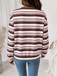 SHEIN LUNE 女款棕色與粉色條紋運動衫，秋冬運動衫，女款秋季服飾，秋季穿搭，女款通勤穿搭，基礎上衣，戶外穿搭，機場穿搭 - 白色 - 查看 2